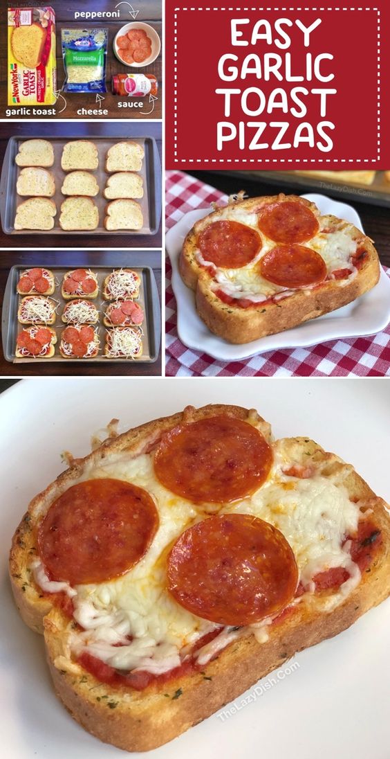 Looking for easy and cheap dinner recipes for the family with kids? These simple garlic toast pizzas are made with just 3 ingredients, plus the toppings of your choice. They're also great after school snack ideas for hungry teenagers. Certainly a recipe kids can make themselves! If you're a busy mom or dad, this recipe is also perfect for busy weeknights when you don't feel like cooking or have nothing planned. #thelazydish #easydinnerideas