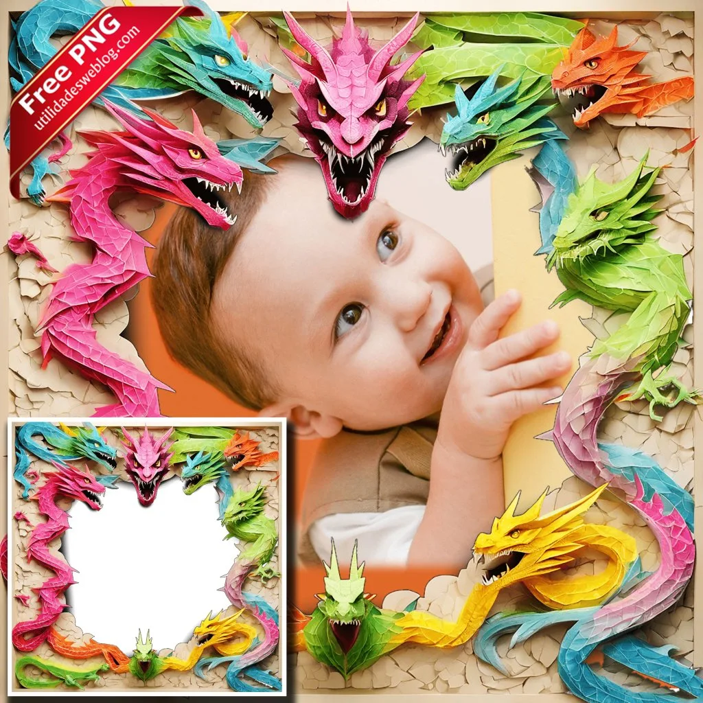 marco para fotos con dragones de papercraft en png con fondo transparente para descargar gratis