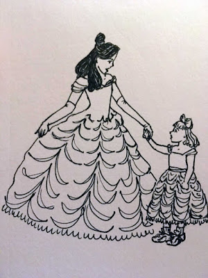 A black pen drawing of a performer in the Disney Belle ball gown meeting a small girl in a kids' costume version, with sneakers.