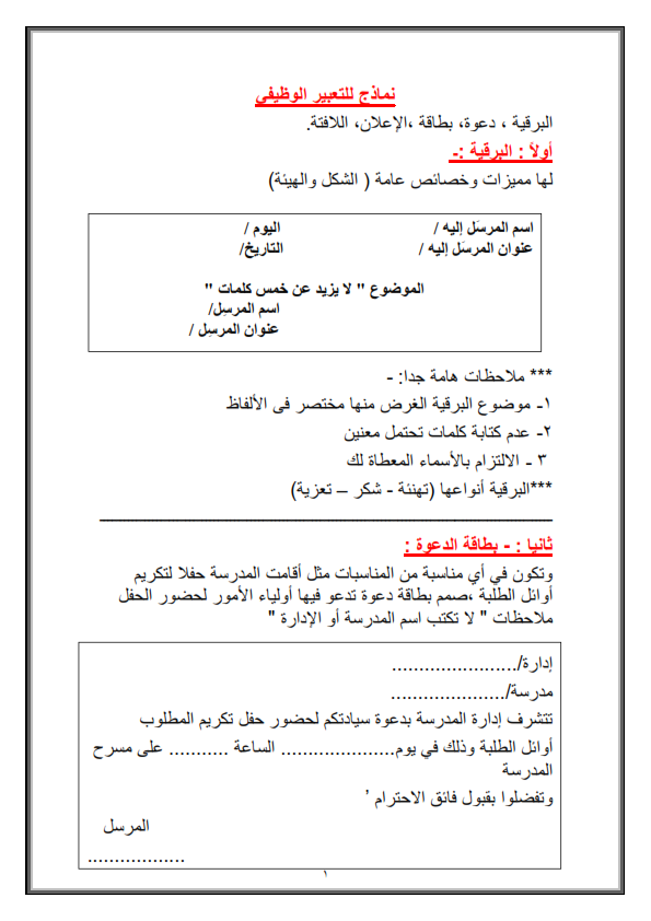 طريقة كتابة التعبير الوظيفي "برقية ، دعوة، بطاقة ،إعلان ...