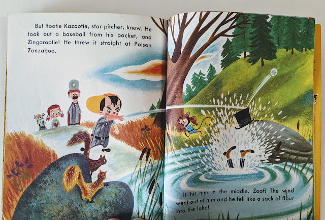 Picture of children's book pages with illustration of pond and people