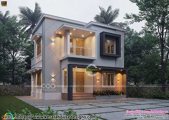 Exterior view of the 1277 sq-ft 3-bedroom box model house with grey and dark grey color combination, showcasing modern design and aesthetics.