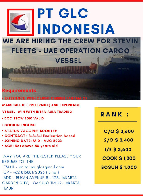 Lowongan Kerja Crew Cargo Vessel Chief Officer Agustus 2023