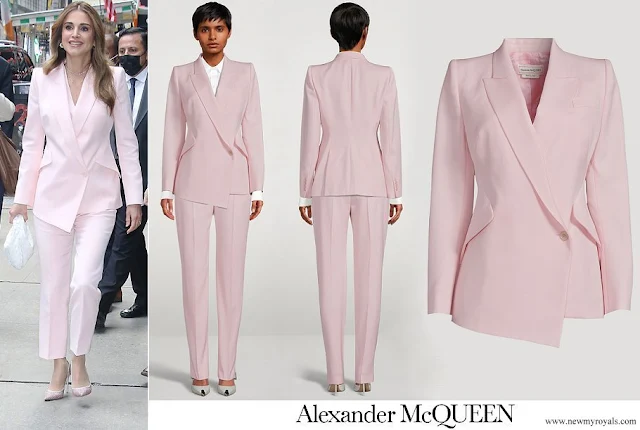 Queen Rania wore Alexander McQueen Barathea Drop Hem Jacket and Tailored Wool-blend Cigarette Trousers