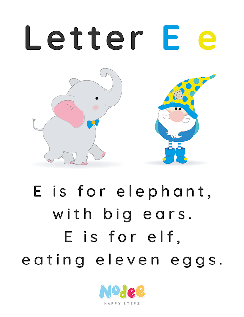 Letter E - Elephant - Elf -  Nodee Happy Steps flashcards