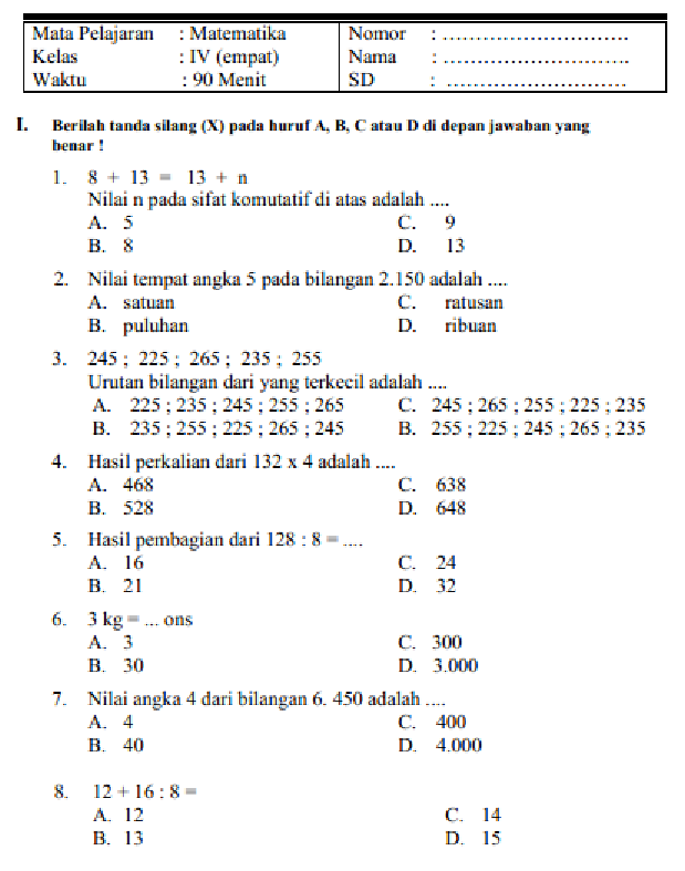 Soal Dan Kunci Jawaban Uas Pas Matematika Kelas 4 Semester 1