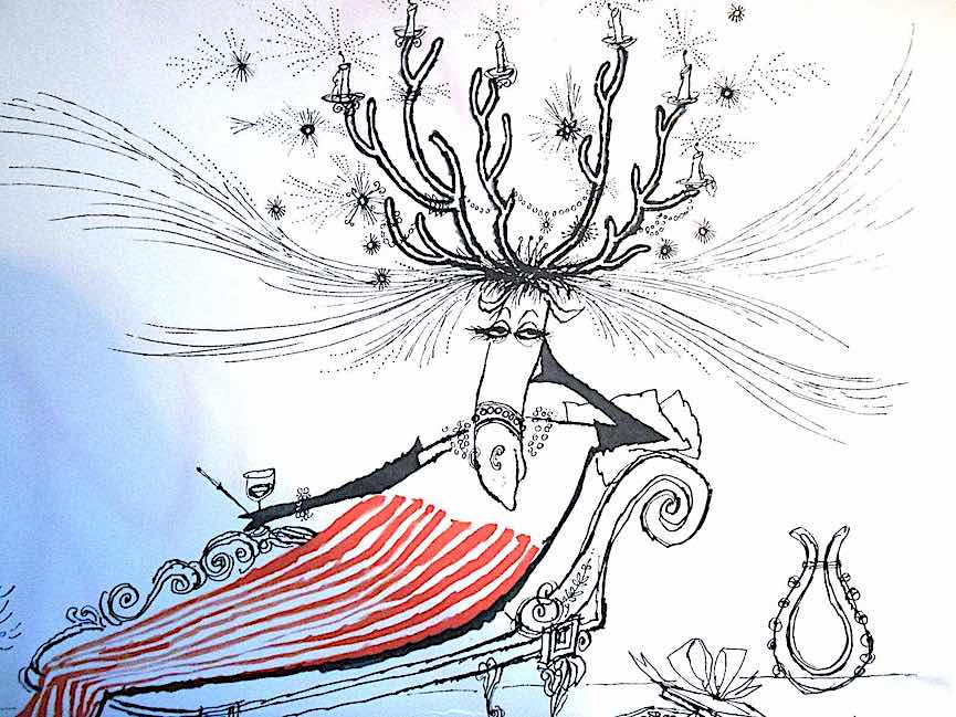 a Ronald Searle drawing of an alluring reindeer on a chaise lounge