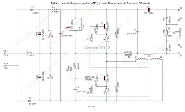 Diagrama electrónico de balastro casero para lamparas fluorescentes con filtro EMI simple.