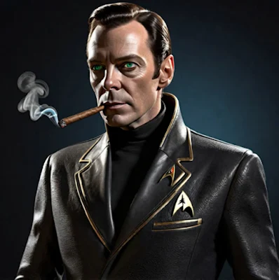 A member of the starship Enterprise smoking a cigar and wearing a leather uniform