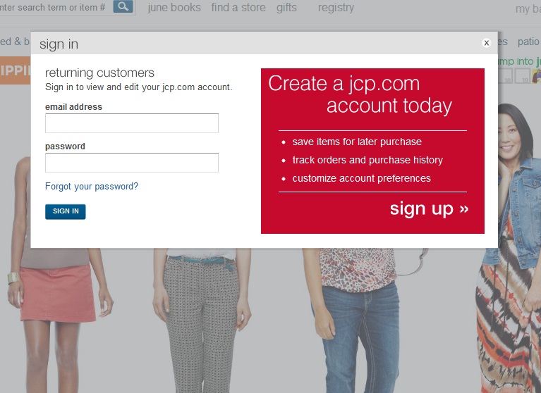 JCPenney login page screen shot