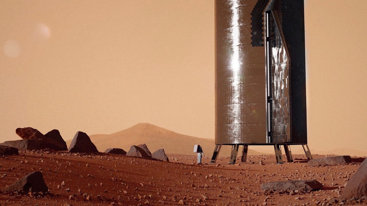 Astronaut standing near SpaceX Starship on Mars by Erik Corshammar