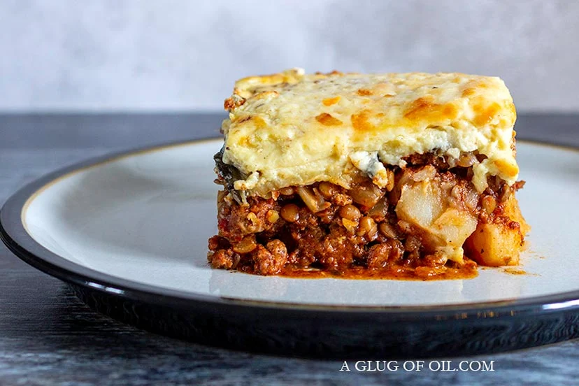 Vegetarian moussaka with lentils and Quorn mince.