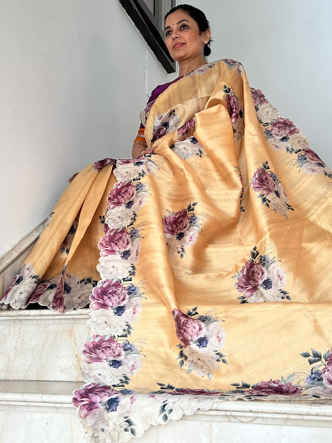 Our collectiion of tussar sarees with rose scallop border and pallu.