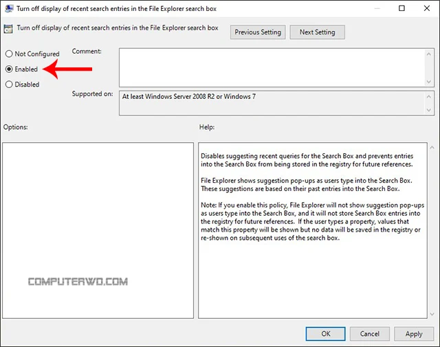 كيفية التخلص من سجل كلمات البحث داخل نظام ويندوز computer-wd عالم الكمبيوتر إلغاء تفعيل سجل البحث بويندوز disable Search Group Policy Editor Disabling