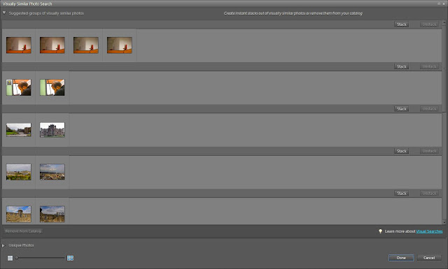 With recent release of Adobe Photoshop Elements, a problem of identifying duplicate or similar shots is resolved. Many times, I feel need of finding duplicates of similar looking photographs so that I can delete and free up some space on my hard disk. After each shoot, I delete few but keep in case of some of doubt. So later a stage comes when I feel like finding all similar photographs and keep the best one... So here we go with recent workflow in 10th version of Adobe Photoshop Elements !!!Here we go ...1. Make sure that no search is applied and all the files in Catalog are visible.2. Go to Search textbox and click on triangular icon to see other options.3. Select4. Following dialog will be shown with most of the similar photographs in one section and all similar/dupliacates can be stacked.5. Click on Done and stacks will be created in your catalog.6.  Now simply go to Find menu and show all Stacks. Now you have to decide and delete the photographs which you feel are redundant !!