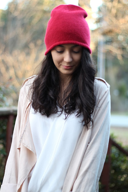 red beanie waterfall trenchcoat