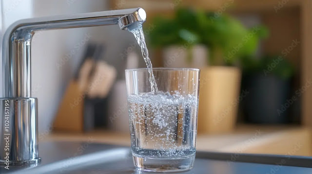 Water filter system with clean water pouring into a glass
