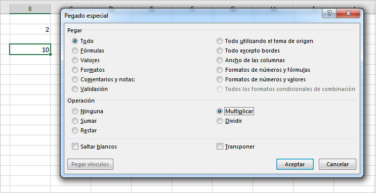 Pegado especial con operaciones en Excel