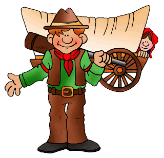 North American cartoon settler holding a gun with a wagon behind him 