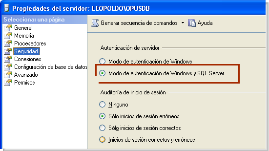 Opus Planet 020 Modo de autenticación SQL SERVER OPUS PLANET