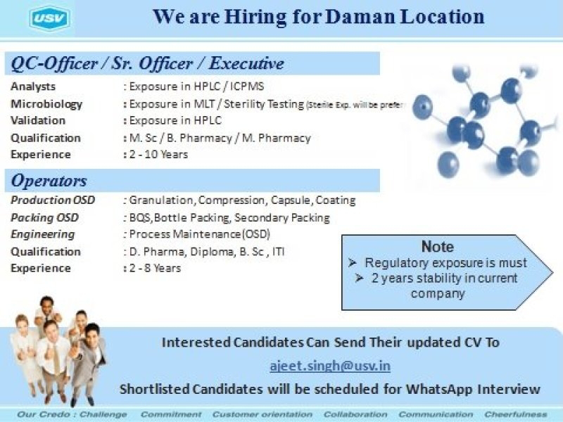 Job  Availables,USV LTD Job Vacancy For M.Sc,B.Pharm,M.Pharm,D.Pharm, Diploma,ITI