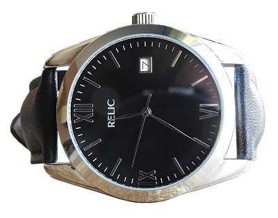 A Relic brand man's watch with silver housing and black leather band.