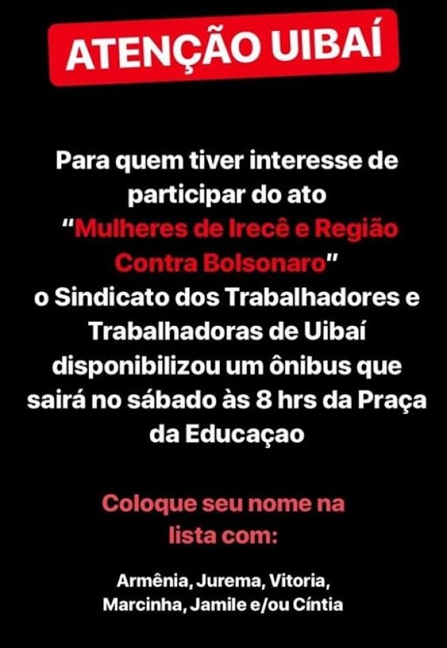 Mulheres de Irecê e Região farão manifestação contra Bolsonaro neste sábado (29)