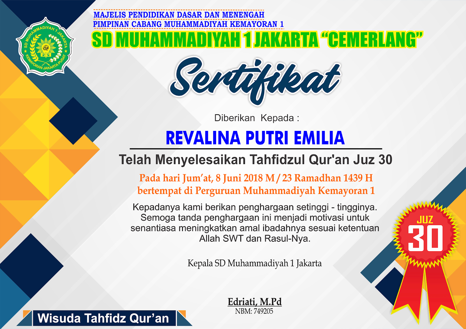 Desain Sertifikat Wisuda Tahfidz Qur'an  Desain Grafis