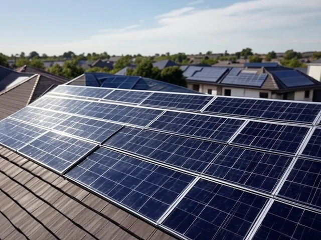 Solar panels on rooftops symbolizing renewable energy solutions for pollution mitigation.