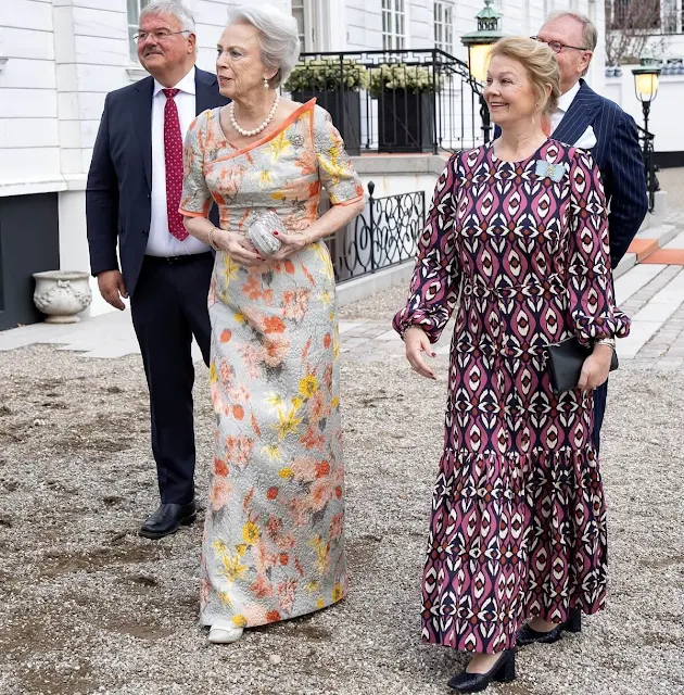 Princess Benedikte wore an embroidered floral print gown. Benedikte celebrate her 80th birthday with a dinner at Sølyst
