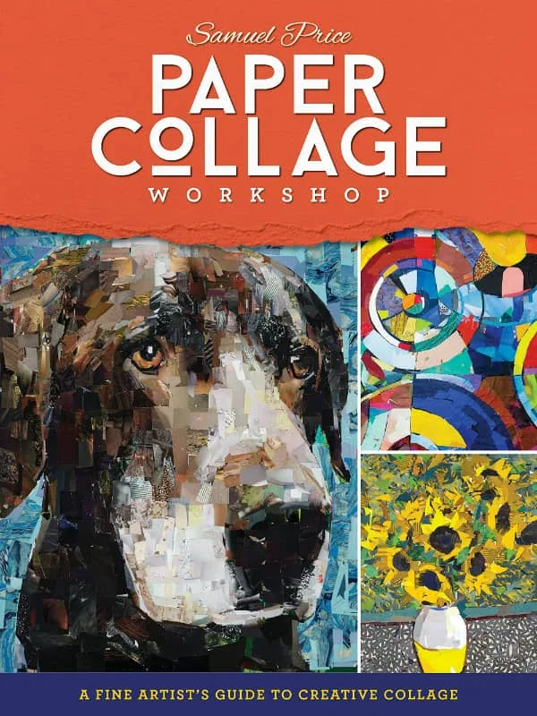 book cover featuring three pixelated collages including dog, vase of yellow flowers, and colorful circles