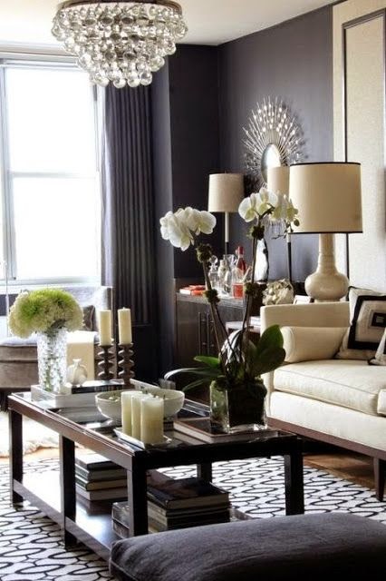 beautiful black and white living room Robert abbey crystal chandelier