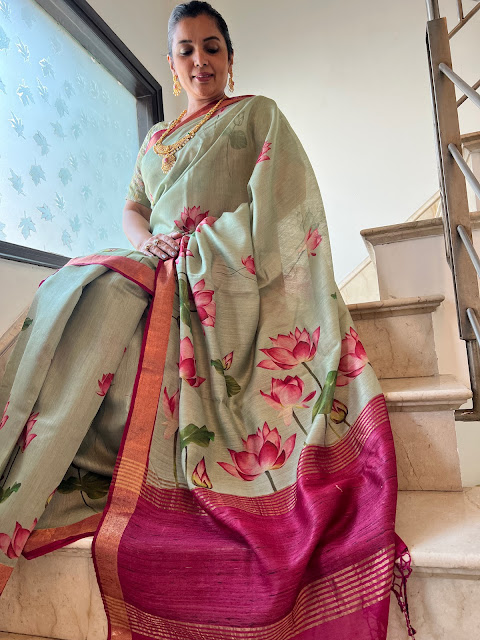 Pichwai digital print Chanderi sarees with Tussar pallu with bottle red border