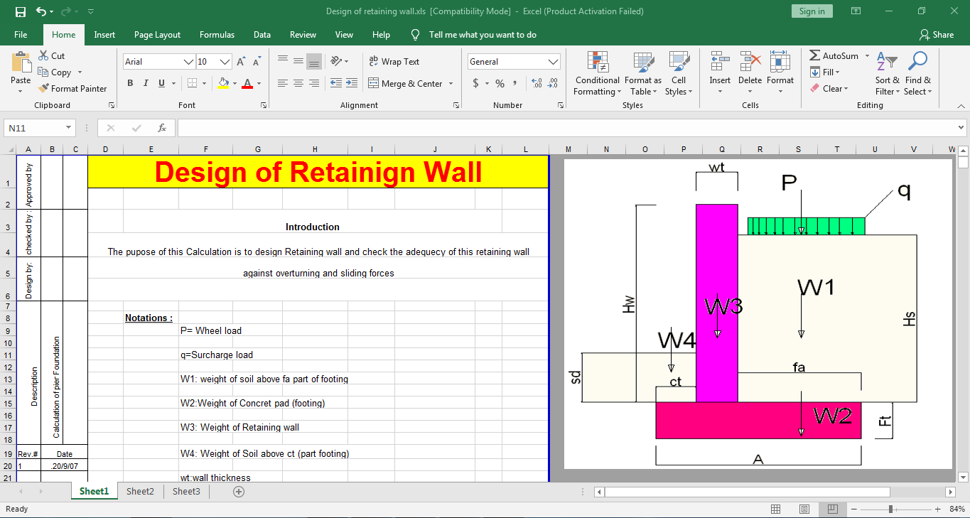 Design of Retaining Wall Calculation in Excel Spreadsheet