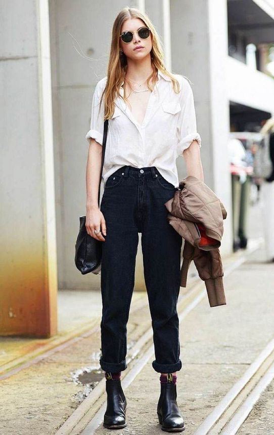 simple fall outfit idea / white shirt + black jeans + bag + jacket + boots