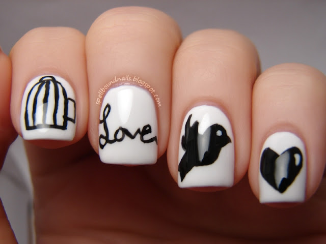 nails nailart nail art polish mani manicure Spellbound Lacquer ABC Challenge letter W is for Wings of Love bird cage birdcage caged bird love cursive flying fly away heart hearts black white LA Colors Energy Source Petites Night elegant sweet holiday Valentine's Day design