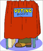 A cartoon of a person in a voting booth.