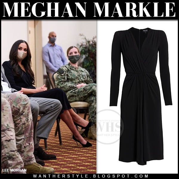 Meghan Markle in black draped dress and black pumps