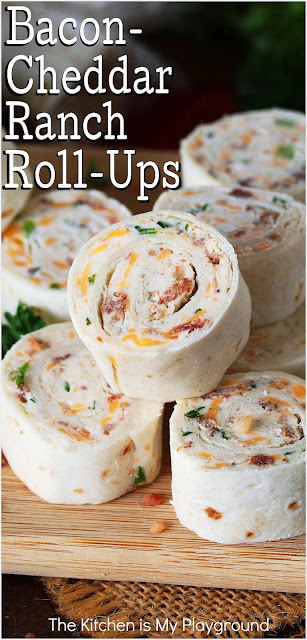 Bacon-Cheddar Ranch Roll-Ups ~ With a creamy filling loaded with bacon, shredded cheddar, green onions, & Ranch, these little bites are loaded with fabulous flavor! They're just perfect for parties, game day, afternoon snacking, and lunchbox packing.  www.thekitchenismyplayground.com