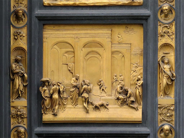 Isaac with Esau and Jacob, copy of the original bronze panel of the Gates of Paradise by Lorenzo Ghiberti, Baptistry of Saint John, Florence