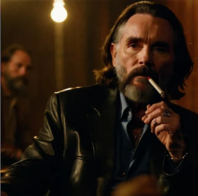 Charles Manson wearing a black leather blazer and smoking a cigarette from the chest up at a bar