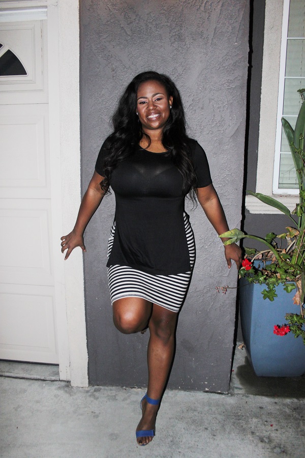 Nicki-minaj-open-side-black-top, navy-and-white-striped-pencil-skirt, blue-strappy-heels, best-plus-size-bloggers, body-positive, lifestyle-blog, best-black-bloggers