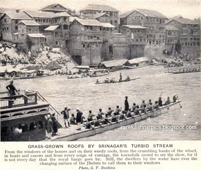 Grass Grown roofs by Srinagar's Turbid stream. Royal barge passing on river Jhelum Kashmir pre 1940s.