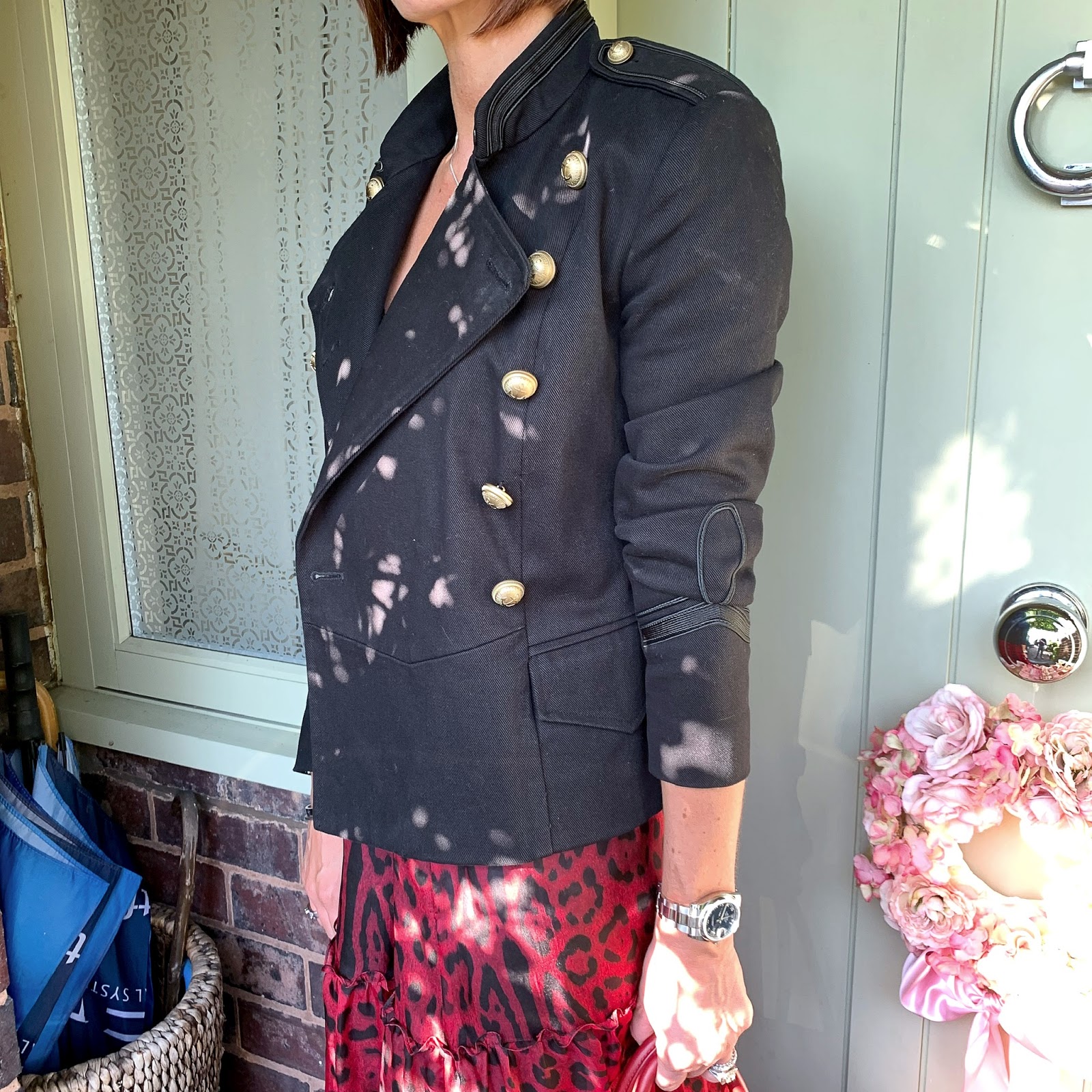 my midlife fashion, isabel marant etoile military jacket, zara lace trim camisole, mulberry bayswater, and other stories waist buckle belt, ridley london carmen skirt, leopard print maxi skirt, golden goose superstar low top leather trainers