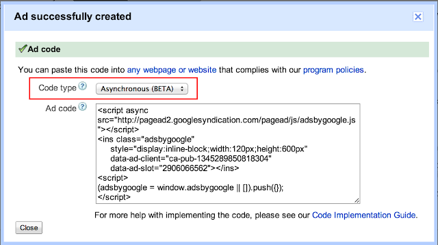 Ad Successfully Created - ad code window - where you can copy and paste adsense code from - now has a Code Type drop-down above the Ad-code box.