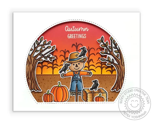 Sunny Studio Scarecrow with Corn Stalks & Pumpkins Handmade Card (using Farm Fresh, Happy Harvest Stamps & Stitched Semi-Circle Dies)