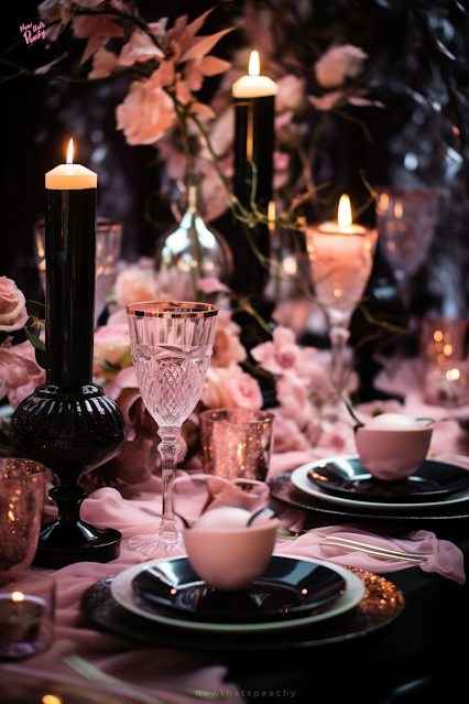 Lux Pastel Goth Pink & Black Dinner Party Tablescape for Alternative Weddings or Glamourous Bridal Showers, Fancy Cool Bachelorette Dinner Parties or Beautiful Birthday Celebrations for Adults. Black plates, pink glassware, black candles tablecloth and contrasting pink highlights