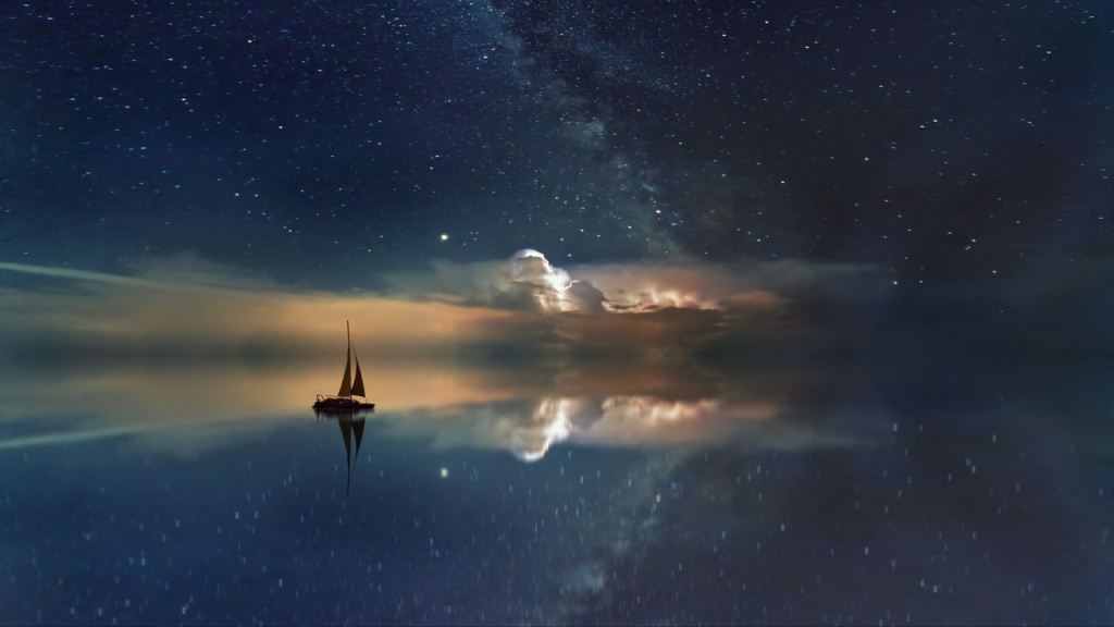 Wallpaper Starry Sky Boat Reflection