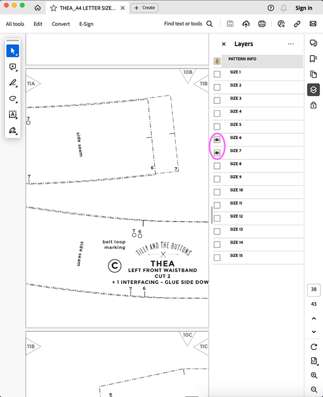 Screenshot of Adobe Acrobat Reader with sizes 6 and 7 only showing, and the eye icon belonging to each of these layers circled in pink