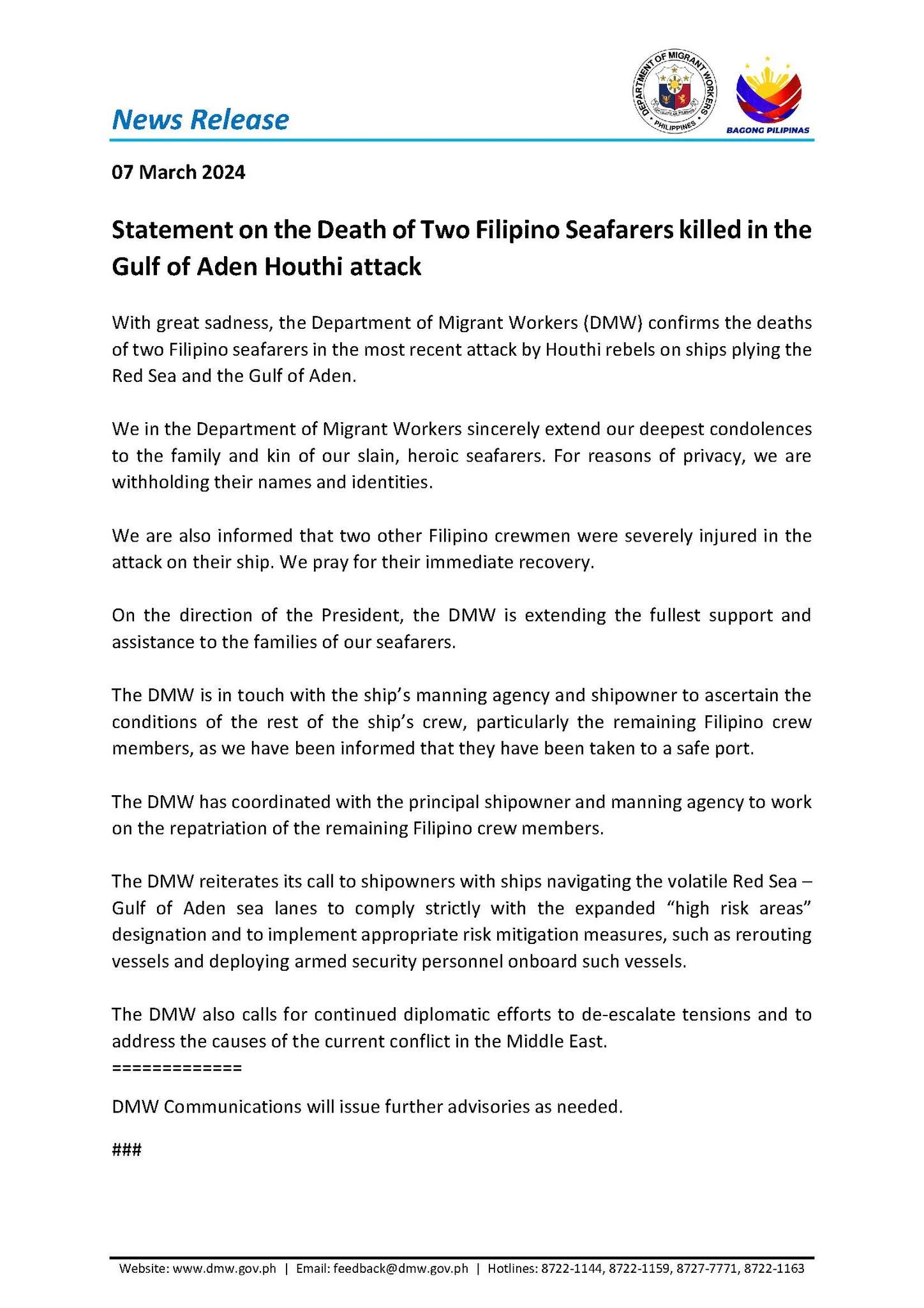 Department of Migrant Workers Statement on the Death of Two Filipino Seafarers killed in the Gulf of Aden Houthi attack - Issued 07 March 2024